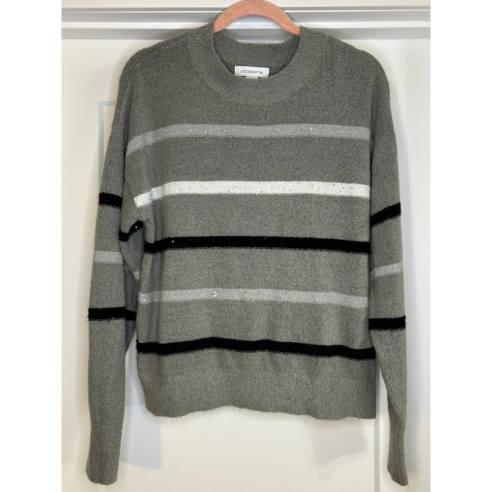 Liz Claiborne Women Gray Striped Sequin Long Sleeve Sweater Top Small Casual